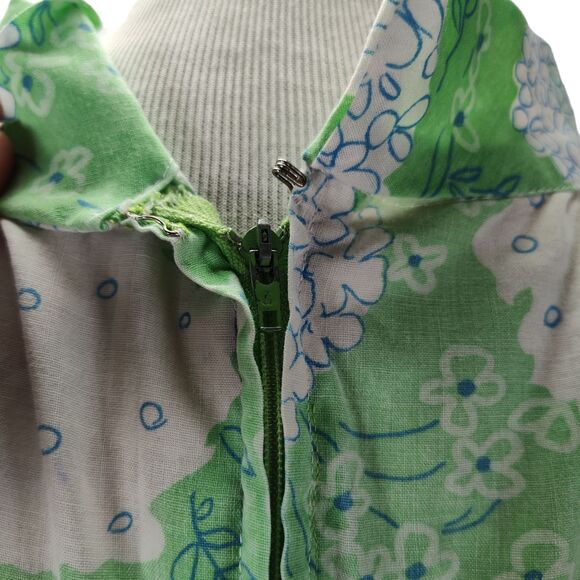 Vintage 60s Floral Print Tent Shift Dress Size L Green Cotton Casual Pleat Front - Picture 10 of 12